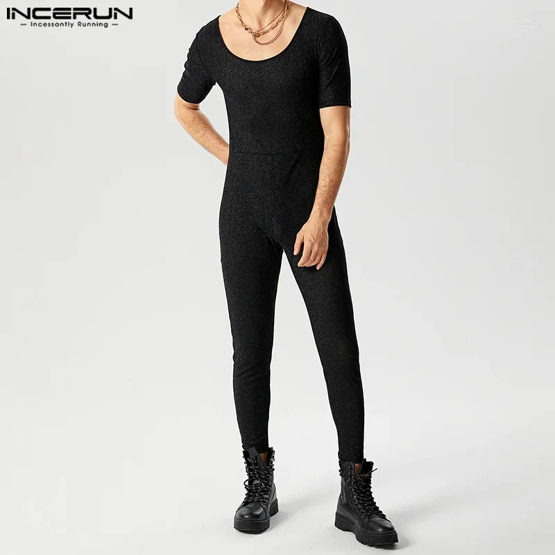 Men's Pants INCERUN Sexy Style Bodysuits Flash Fabric Mesh Perspective Design Jumpsuits Casual Large U-neck Short Sleeve Rompers S-5XL