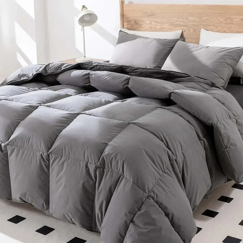 Goose Feather Down Comforter King Size750 Fill Power1200TC100% Organic Cotton FabricAll Season Grey Duvet 8 Corner Tabs 240506
