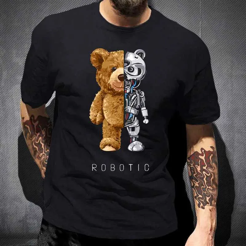 T-shirt femminile 2023 Tshirt da stampa robot creativa per orsacchiotto cool robot graphic strtwear da donna uomo casual oversize t hip hop grunge t personalizzato t240510