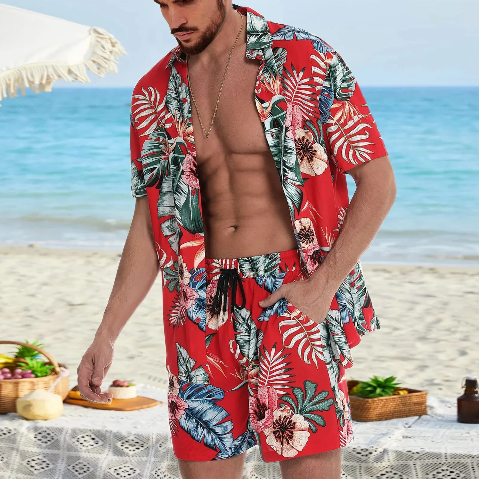 メンズファッションプリントセットラペル半袖カジュアルシャツビーチショーツ2PCSET夏休みハワイアンスーツレジャーウトウェア240507