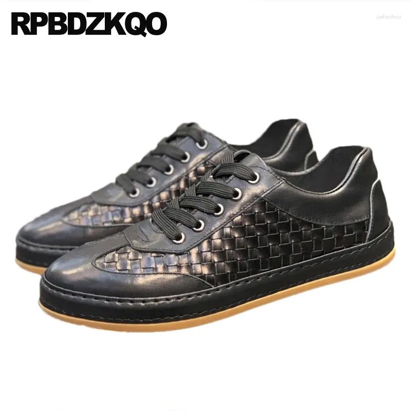 Casual Shoes European Sport Round Toe Trainers Sneakers Patchwork Flats italienska män nubuck Woven Cowhide flätad spetsar upp atletisk skridskor