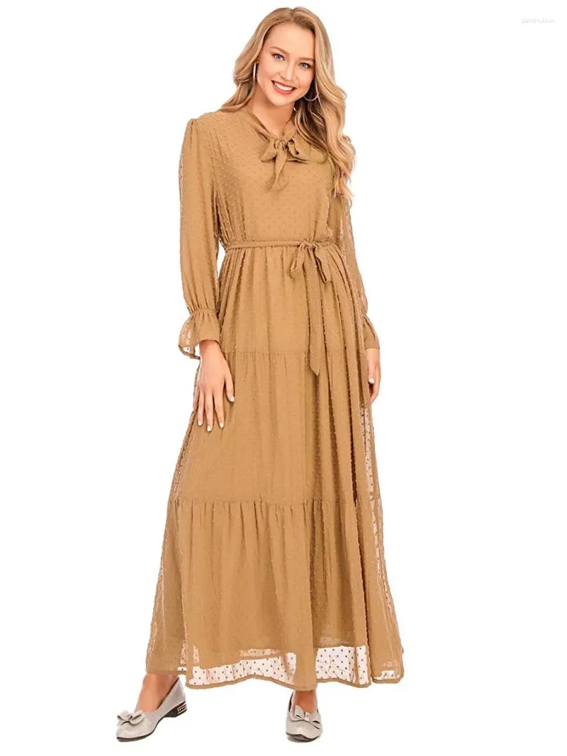 Ethnische Kleidung Frauen muslimisch einfach und elegant Abaya Schnüre-up Langarm Runde Hals Damen Dress Nahen Osten Dubai Türkei Täglich solide