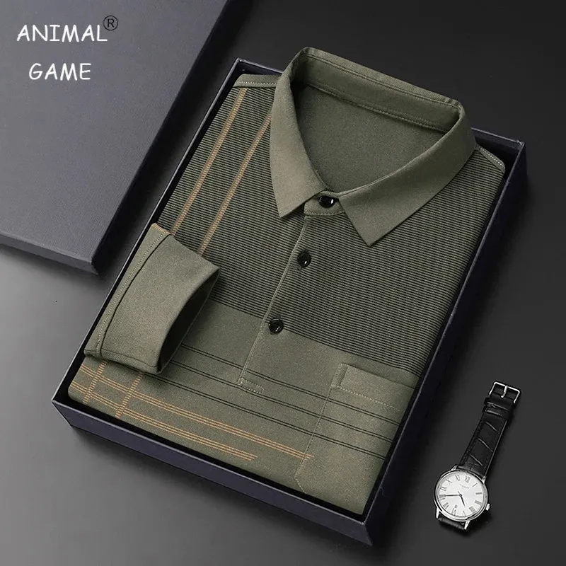 Men Long Sleeve Polo Shirt Lapel Stripe Business Turndown Casual TShirt with Pockets 240418