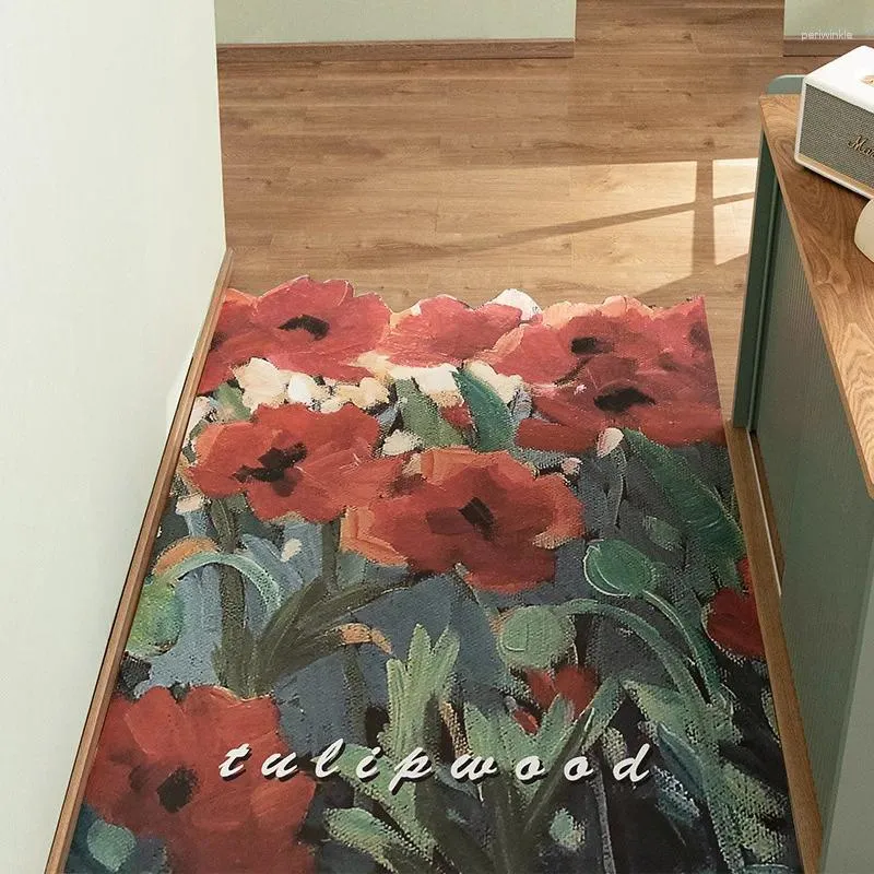 Bath Mats Flower Oil Painting Retro Floor Home Door Household Scrubbing PVC Leather Rubbing Soil Non-slip