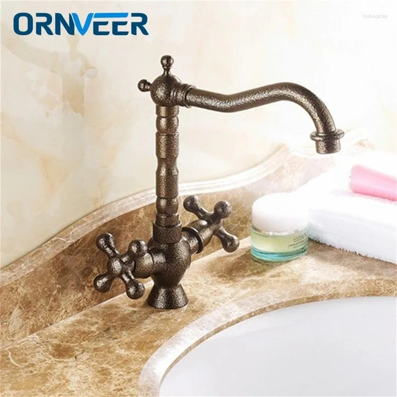 Badrumsvaskkranar lyxiga europeiska antika brons dubbelhjulshandtag Mixer Tap Long Mouth Swivel Roman Basin kran RB-011