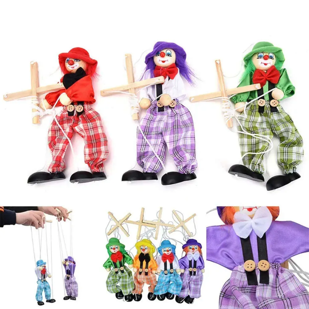 Grappig feest 25 cm kleurrijke groothandel vintage pull string poppenpop clown houten marionette handcraft joint activiteiten poppen kinderen kinderen geschenken 0304