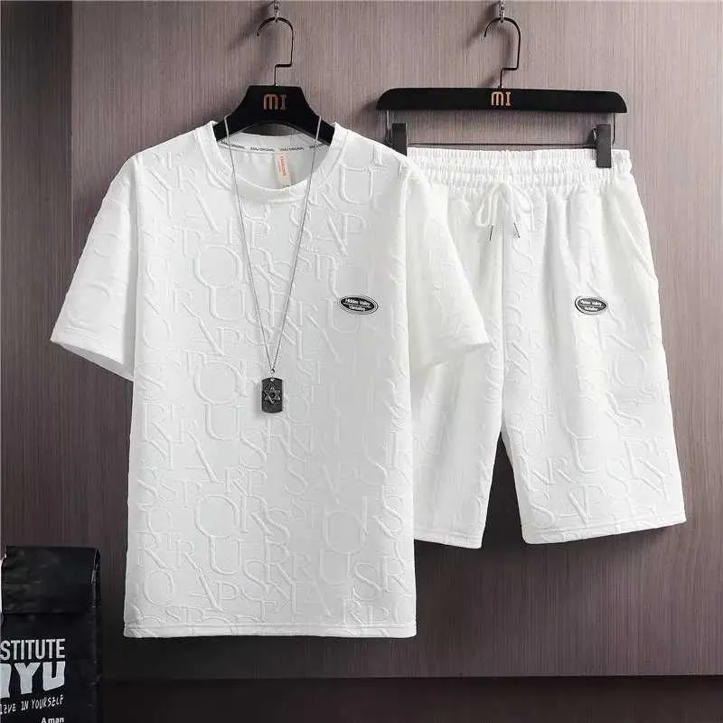 Мужские спортивные костюмы летние футболки Шорты 2 штуки установлены белые спортивные костюмы Mens 3D Letter