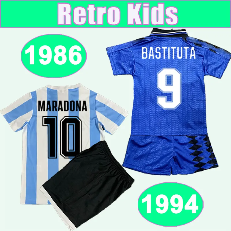 1994 Argentine Kid Kit Soccer Jerseys 1986 Batistuta Maradona Home Away Blue White Football Shirts Courtes uniformes à manches courtes