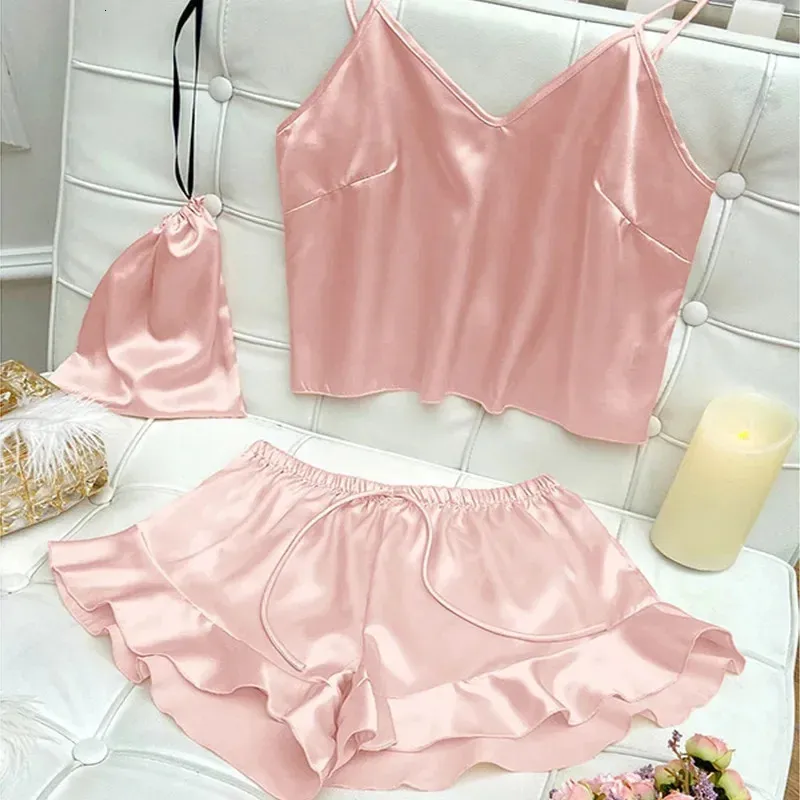 Mode sexy Unterwäsche Set Womens 2 Stück Nachtwäsche Pyjamas Silk Satin Bauchband Cami Top und Shorts Pyjamas für Frauen Pijamas 240510