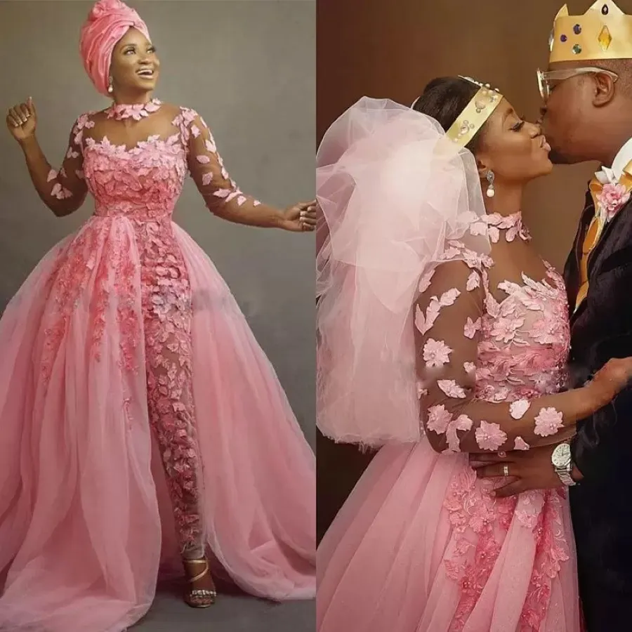 Robes de mariée à sauts roses robe nuptiale avec sur-jupe en dentelle applique tulle bijou perlé à manches longues sur mesure african 259a