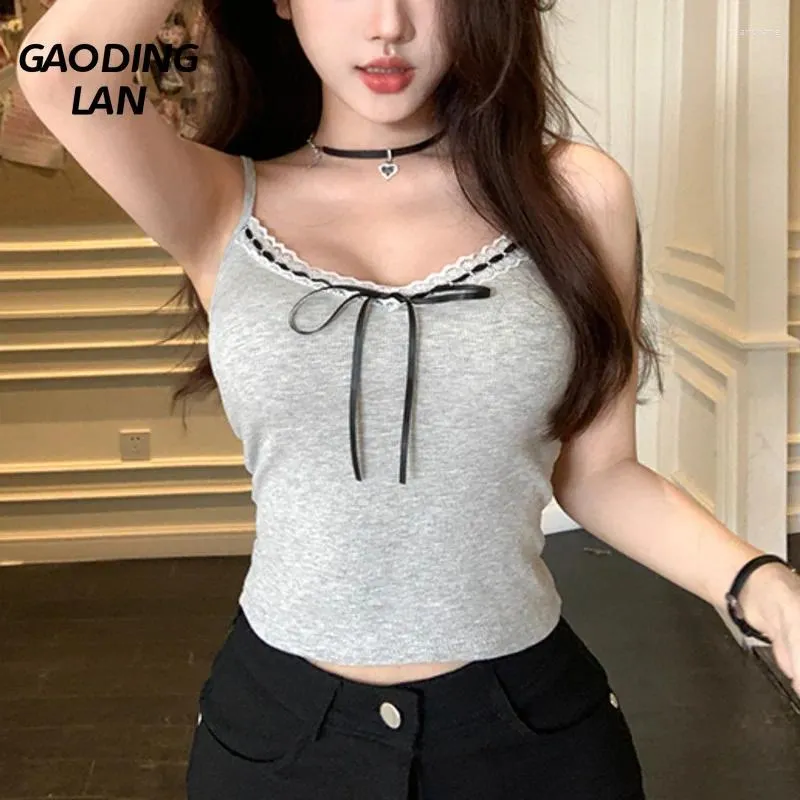 Women's Tanks L-4XL 50-100KG Large Size Bow Lace Fat Women Bottom Camis Sleeveless Expose Navel Sexy Crop Tops Backless Basic Camisole