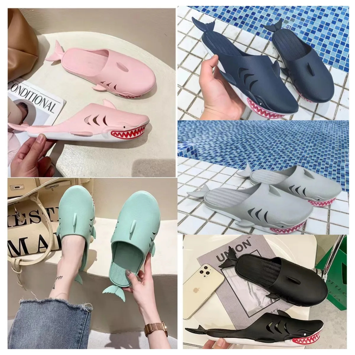 Nowy projektant kreatywny dziwaczny rekin czarny zielony różowy szary sandał rodzina rodzic-dziecko noszenie na zewnątrz letnie anti wewnętrzne sandały Baotou pary kapcie plażowe