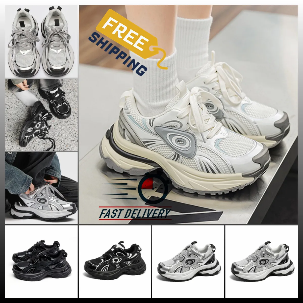 Hochhoch beliebte dicke Solltee Dad Schuhe Frauen Neue China-Chic-Schnür-Sneaker Mischfarbene Leder Paar Frühling Summer Classic Silber Dicke Sohle 2024