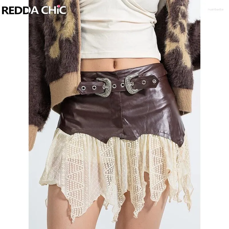 Saias Reddachic steampunk com cinto de baixa saia Mini-saia Mulheres A-line Lace Patchwork