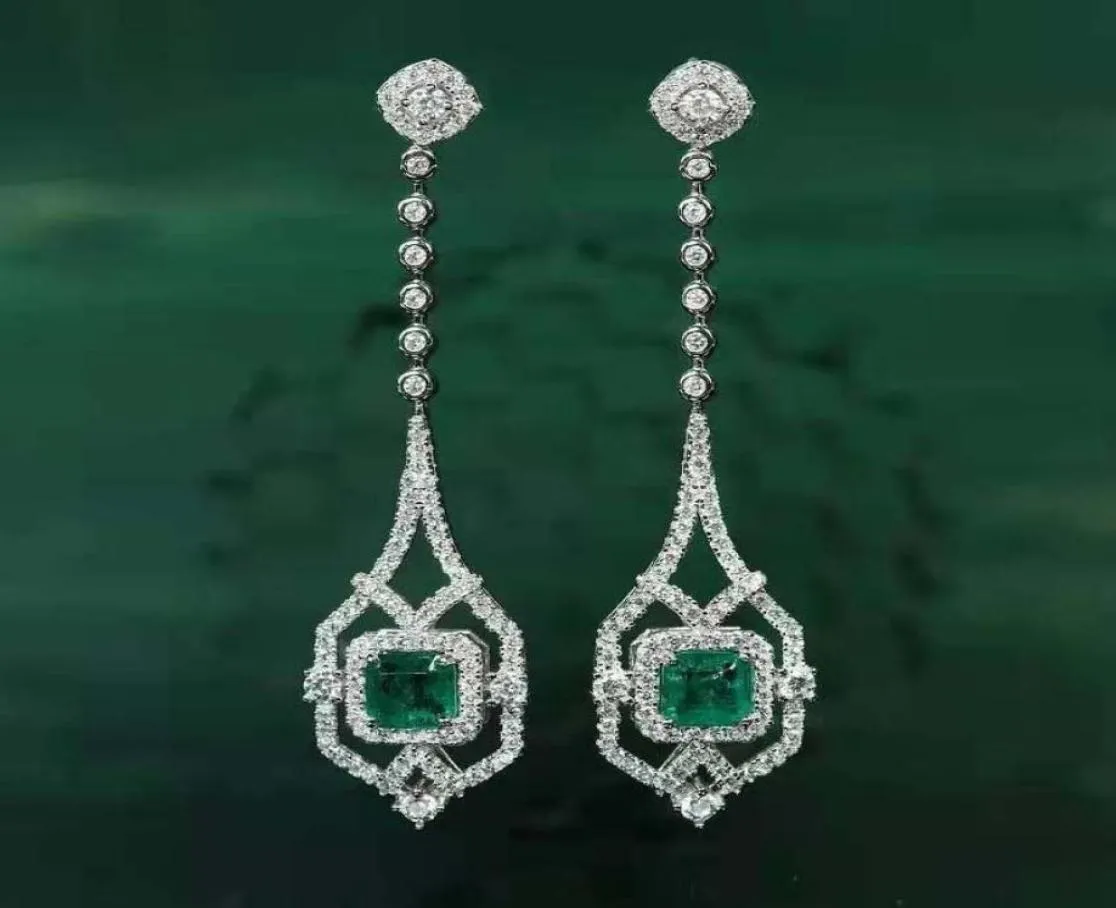 RUZZALLATI Vintage Antique Lab Emerald Jewelry Silver Color Hollow Design Long Drop Earring for Women Dangler Gift 2207182332640