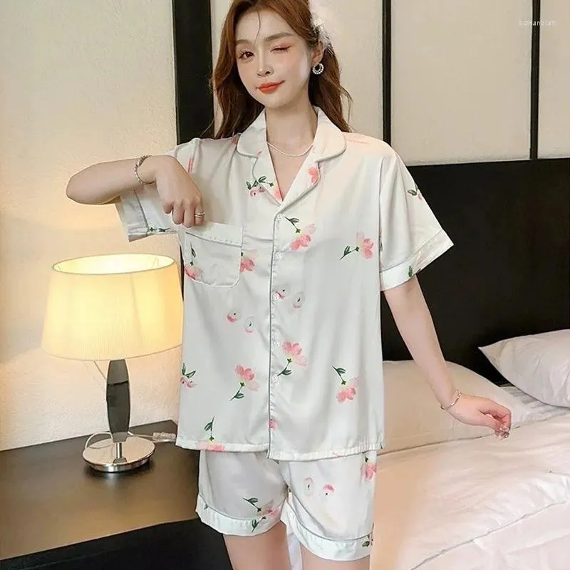 Home Clothing Faux Silk Women's Flower Pajamas Set Button Down Top & Shorts 2 Pieces Satin Nightwear Loungewear For Summer Sleepwear Korea
