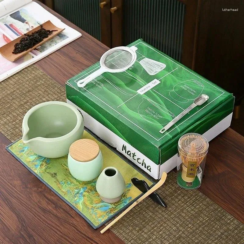 Teewaren -Sets 9pcs/Set Japanische Keramik -Matcha -Geschenkbox Grüne Tee Chasen Halter Ständer Schüssel Bambus Whisk Mühle Pinsel Werkzeuge