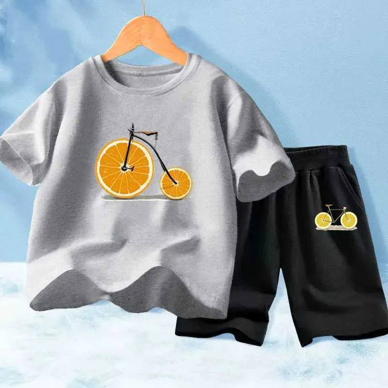 Одежда наборы мальчиков Лето модные веселые спортивные футболка с двумя частями+шорты, установленные 3-14-летние подростки для мальчиков модные одежды для велосипедной одежды SETL2405