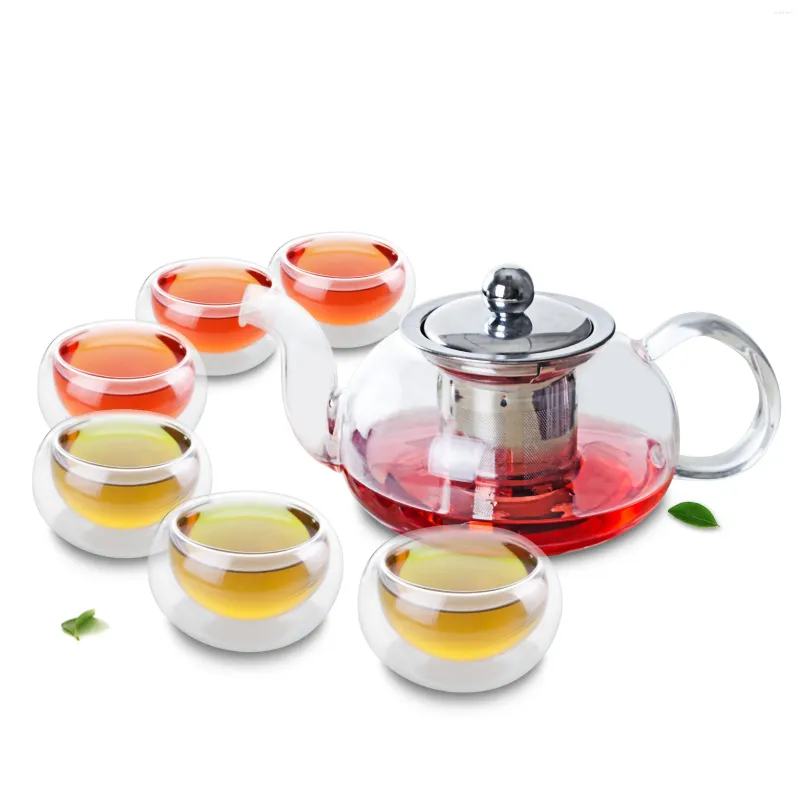 Set di stoviglie 1x 7in1 Coffee Set da tè-625 ml pentola di fiori a basso vetro con filtro a infusore in acciaio inossidabile 6 tazza di strato a parete doppia