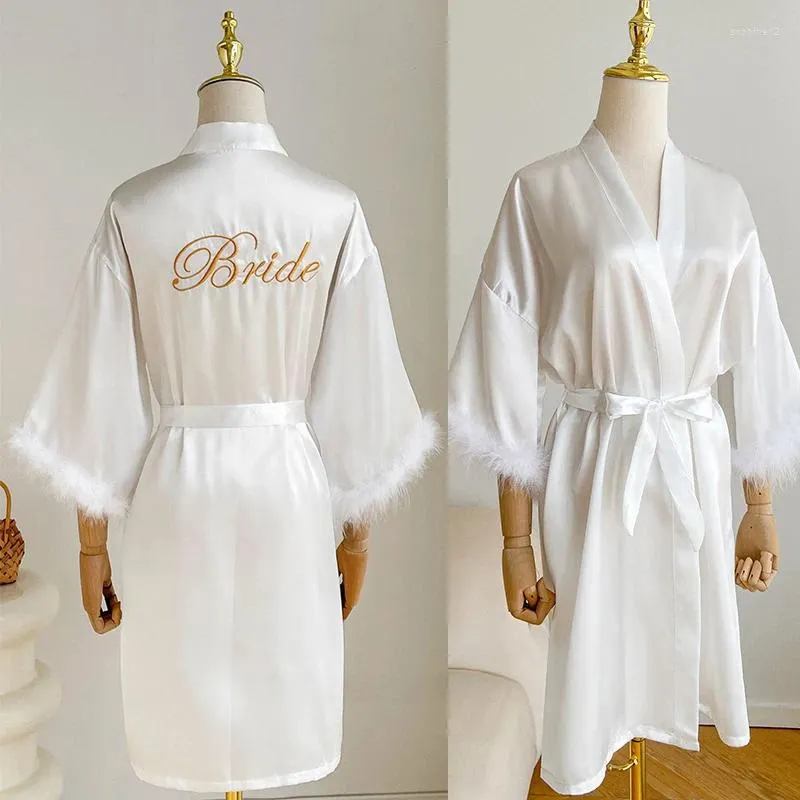 Ropa en el hogar Boda Bride Bridesmaid Rata Satin Kimono Lingerie Lingerie Lady Sexy Feather Sleple Thatrobe Camisco corto