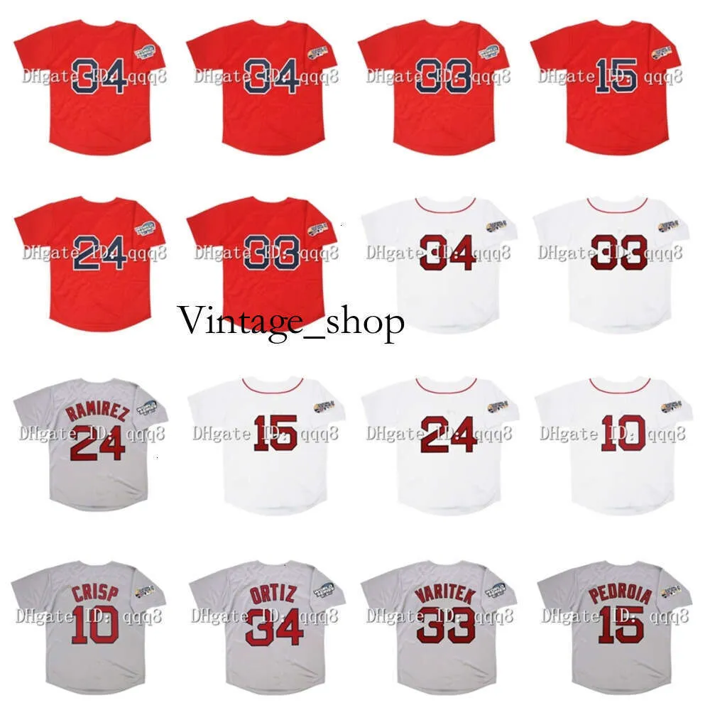 Vin 2004 Retro Manny Ramirez Jersey 2007 David 34 Ortiz 15 Dustin Pedroia 33 Jason Varitek 10 Coco Crisp Red White Grey Vintage Baseball Jerseys