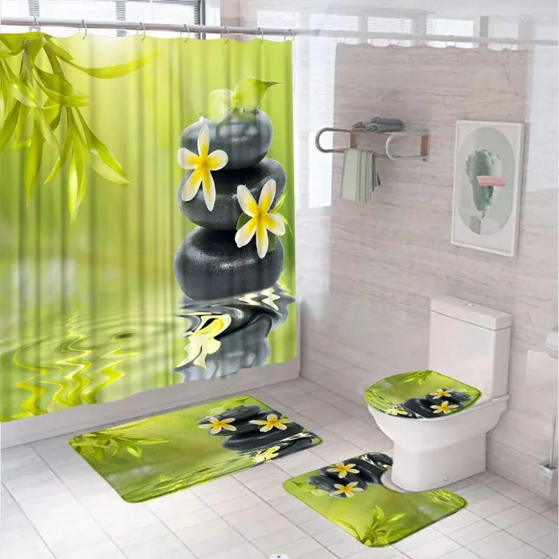 Rideaux de douche 4pcs noirs en pierre zen rideau de fleur en bambou vert bambou jardin décor de salle de bain décor de toilettes non glissées couvercle couvercle de bain