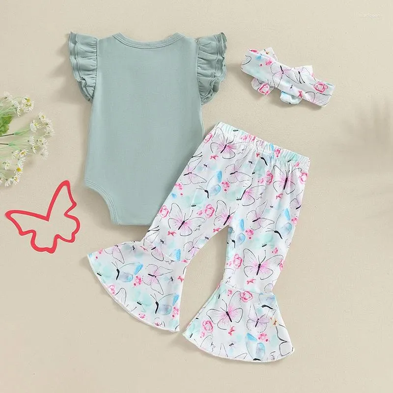 Vêtements Ensemble de bébés filles à manches d'été de la tenue d'été Romper à imprimé papillon avec pantalon fustile et bandeau