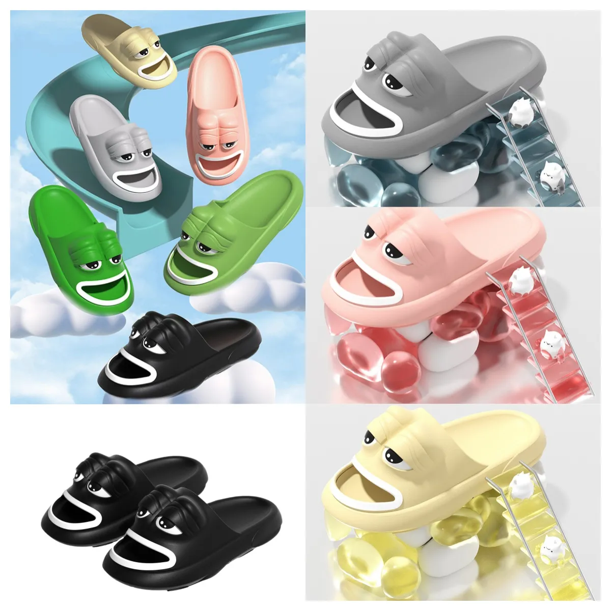 Yeni Tasarımcı Çirkin ve Sevimli Komik Kurbağa Terlik Terlik Sandalar Sandalet Yaz siyah beyaz kalın taban ve yüksek eva anti -slip plaj ayakkabıları