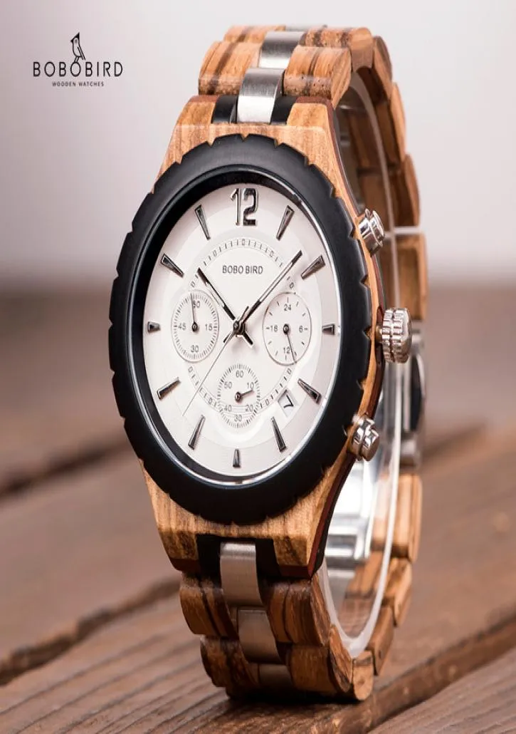 куча кварцевые часы Bobo Bird Men Watch Luxury Elegant Wood Metal Chronograph Auto Date Watches Relojes Hombre 2020 Отец 039S 7935018
