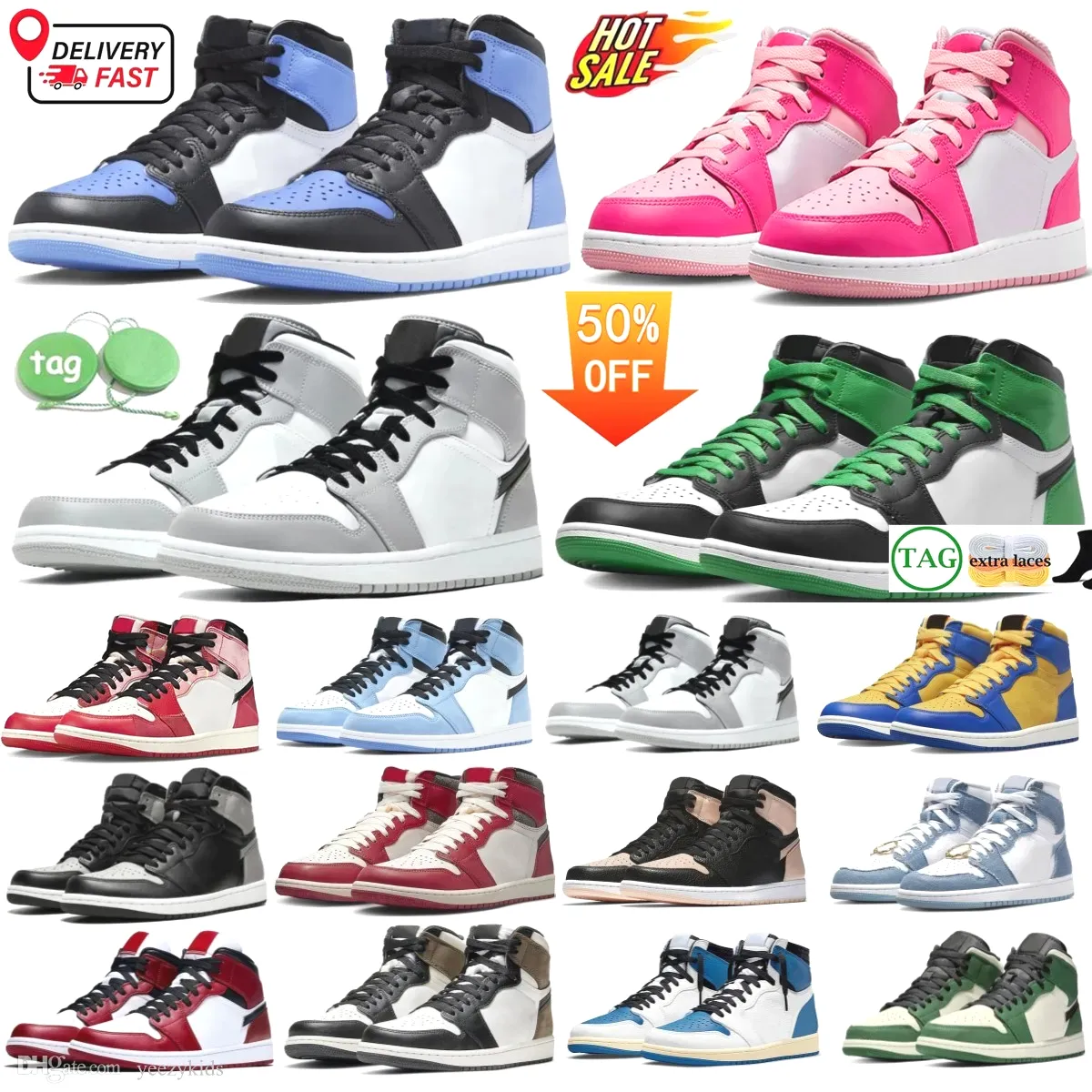 2024 Mens 1s High basketball shoes OG 1 UNC Denim Lost and found grey bred chicago lucky green men Sneakers fierce pink university blue Valentine's Day women Trainers