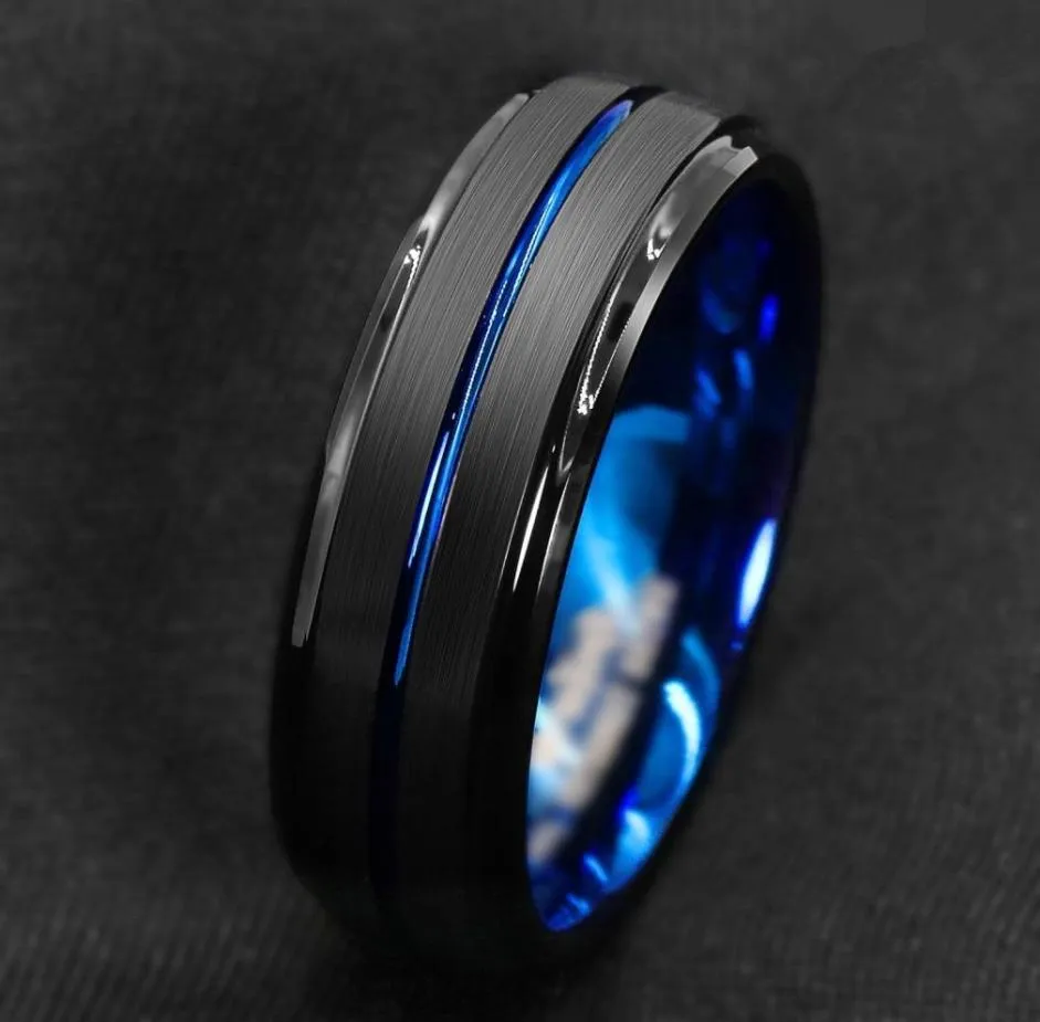 8 mm Black Brackshed Edder Edge Tungsten Anneau Blue Stripe au sommet de la bande de mariage pour hommes Taille 7 134378559