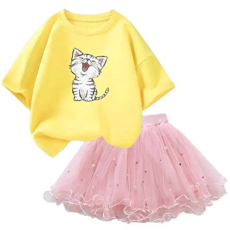 Kläder set sommarflickan kostym söt katttryck t-shirt och tutu klänning prinsess dräkt set childrens fest costumel2405