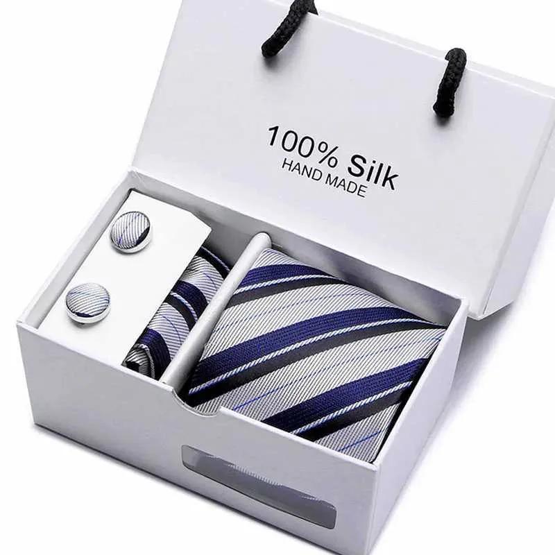 Neck Tie Set 2023 100% Silk Jacquard Necktie White Geometric Tie Hanky Cufflink Set Ties For Men Gravatas Business Wedding Party Wholesale