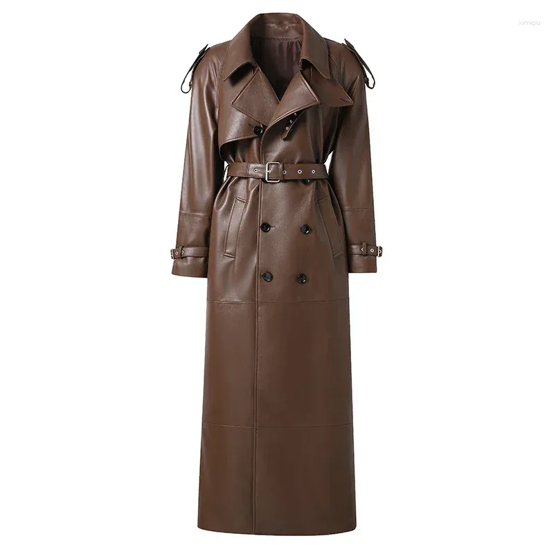 Cuir de femme Real Long Trench Coat Veste de mode femelle SheepSkin printemps automne dame 2024 Design