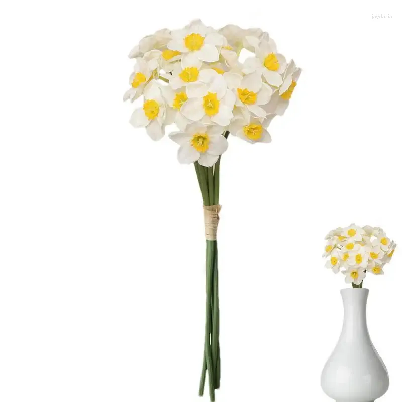 Flores decorativas 6 cabeças brancas artificiais Narcissus Flor Bouquet Home Garden Desktop Decoração Festa Floral Wedding Bridal Fake Stem