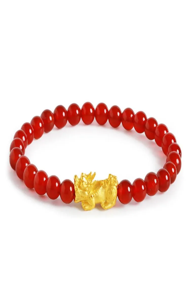 999 Reales Gelbgold Armband Frauen Glück segne Pixiu Charme mit rotes Achatperlen Armband 6 LJ2020204222486