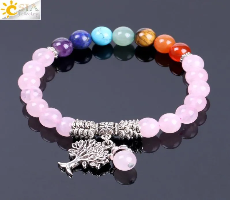 CSJA Natural Rose Crystal Quartz 7 Chakra Gem Stone Bead Armband Tree Pendant Prayer Healing Stretch Bangles Women smycken F1297452769