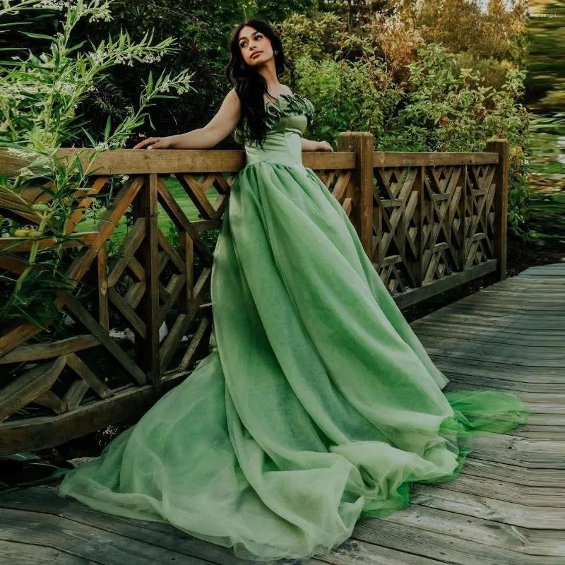 Party Dresses Green Floral Dress Strapless Lace-up Back Prom Layered Tulle Ball Gown Evening With Train Elegant Wedding