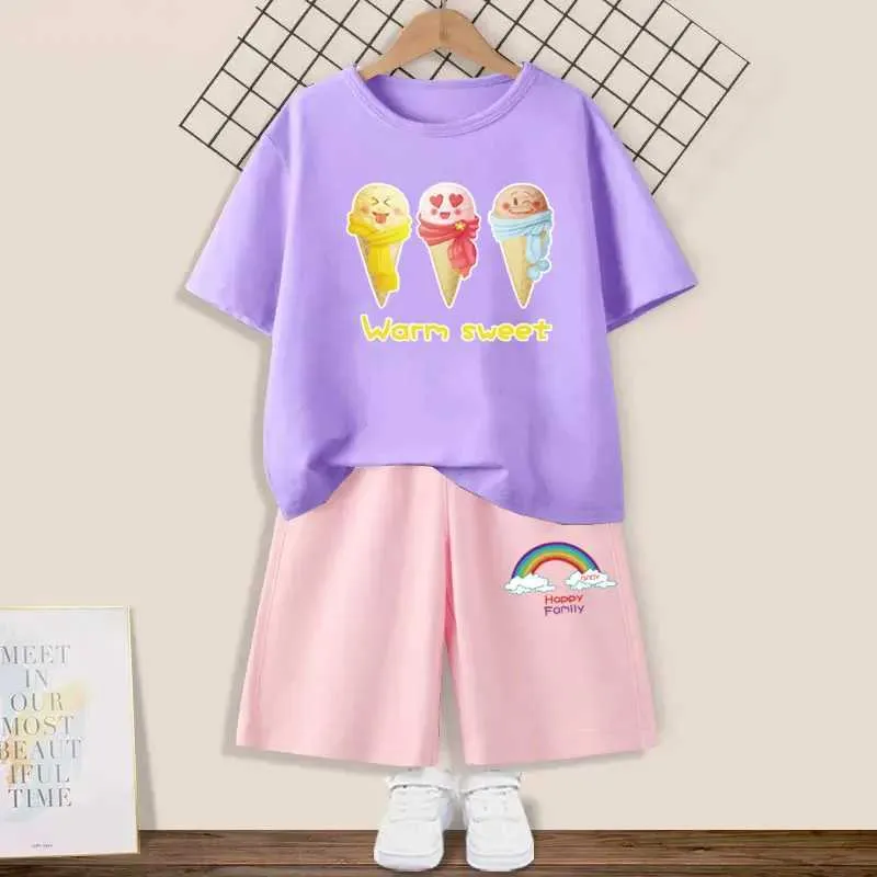 Шепая для одежды Summer Girls Clothing Set Mite мороженое сладкая футболка+шорты с двумя частями детской детской спортивной одежды 3-14 лет L2405