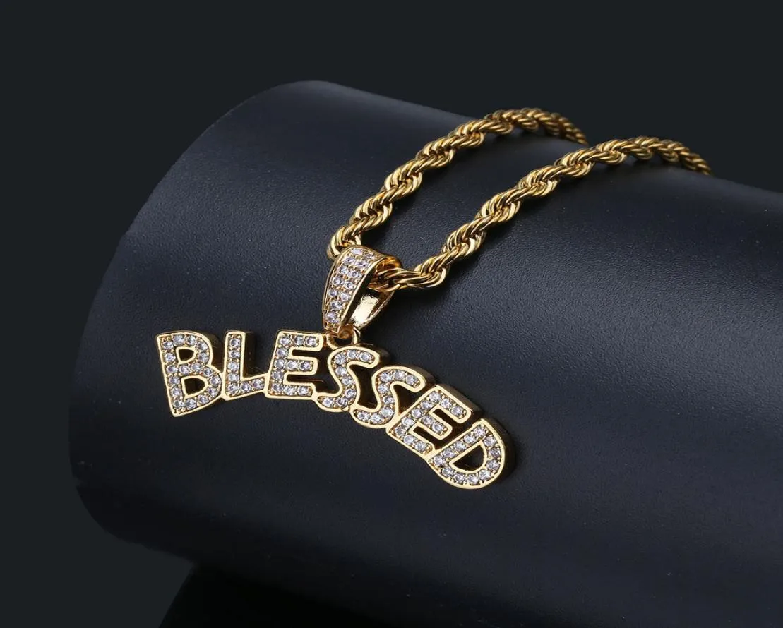 Hip Hop Necklaces Jewelry Luxury Exquisite Grade Quality Bling Zircon Paved 18K Gold Plated Copper Letters Blessed Pendant Necklac7316379