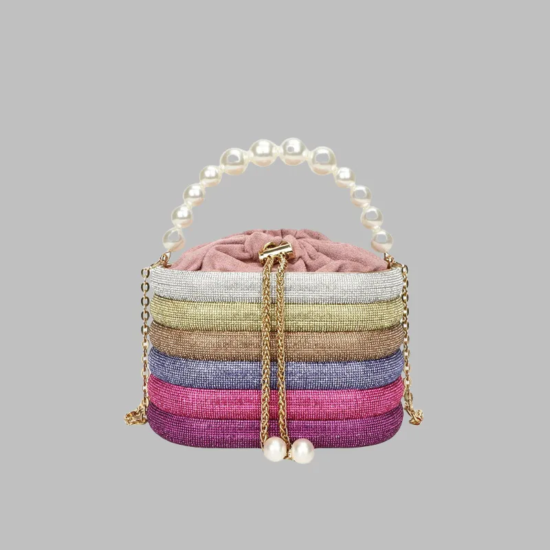 Factory sales women shoulder bags 5 colors popular diamond-encrusted chain bag sweet colorful sequined fashion handbag elegant cylinder Western Pearl handbag