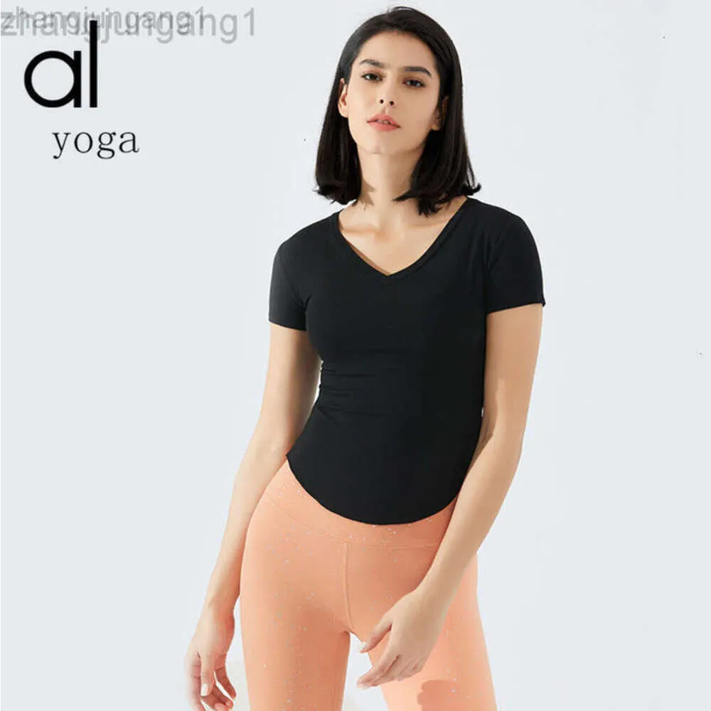 Desginer als yoga aloe topp skjorta kläd kort kvinna yogas ny kostym kortärmad kvinnor vneck slim fit löpande sport tshirt hög elastisk dubbelsidig brokad fitness