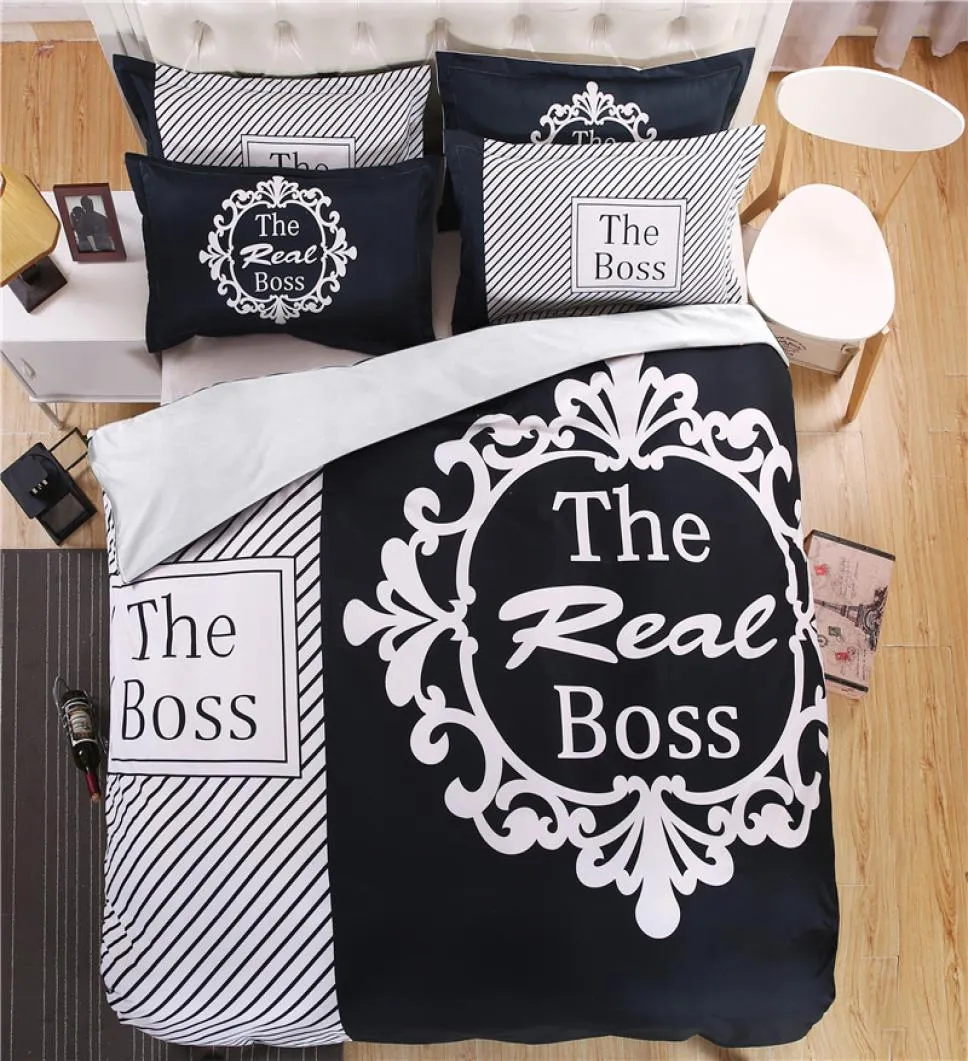 Modern svartvit Real Boss Bedding Set Däcke Cover Bed Sheet Pillow Case King Queen Size Bed Linne Set 4PCS5849667