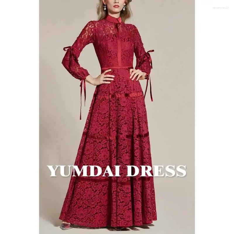 Robes de fête Yumdai Luxury Dubai Red Lace Hollow A-Line Robe de soirée Long 2024 Élégant Robe de fiançailles Femme Mariage Invité formel