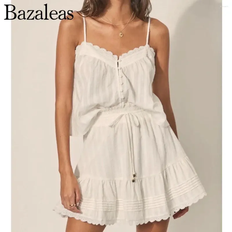 Vestidos de trabalho 2024 Bazaleas Store Mulheres tricotadas de duas peças Botões de algodão Up Salia Camisole com Camis Feminino Feminino Oficial