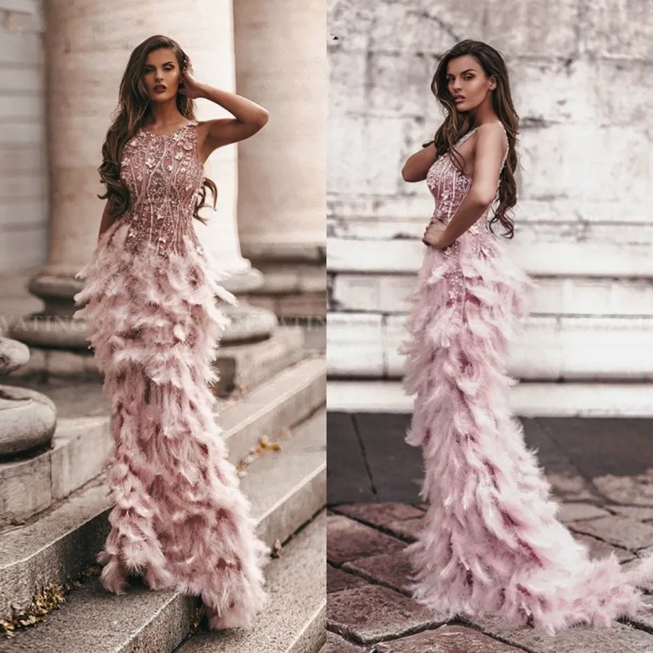 Arabic Pink 3D Floral Mermaid Feathers Abiti da ballo 2K20 Abiti da sera africani lunghi abiti di gala semi formale Abito da festa di laurea 2568 2568