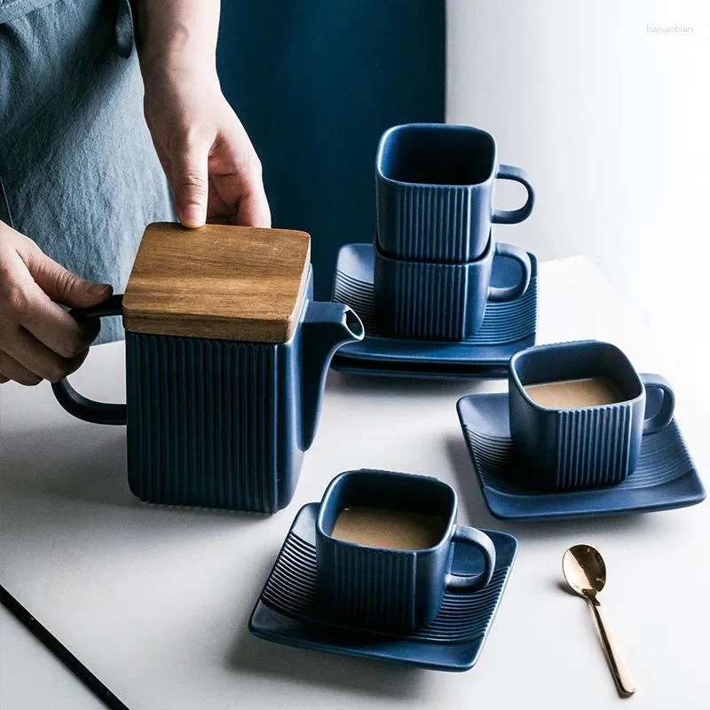 Canecas de chá nórdico de cerâmica e panela com tampa de madeira listras verticais listras de café caneca pires de aço inoxidável