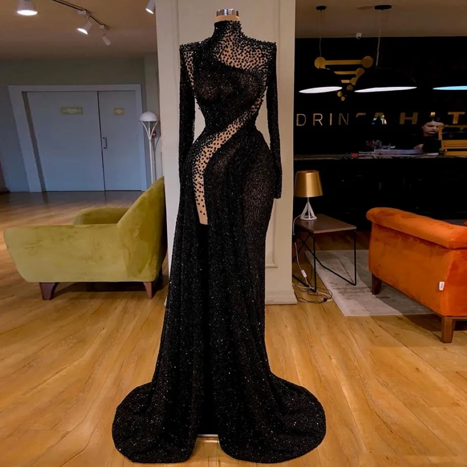 2022 ASO EBI Mermaid Black Evening Beaded High Neck Prom Dresses Split Party Wear Vestido de Novia 299y