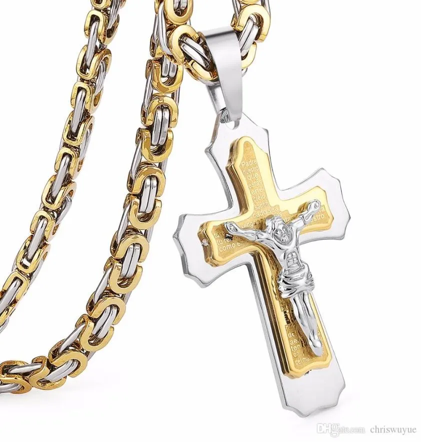 Hot Sale Multilayer Christ Jesus Pendant Necklace Stainless Steel Link Byzantine Chain Heavy Men Jewelry Gift1769260