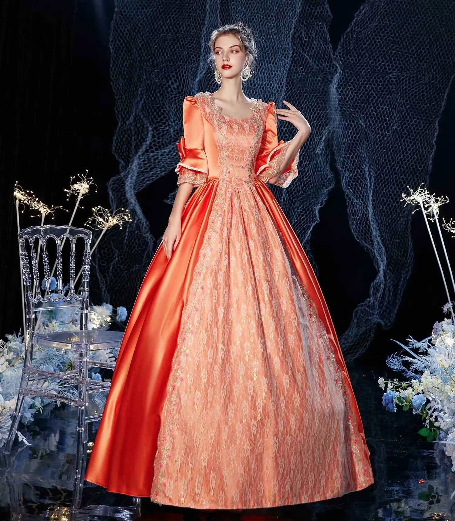 Roupas étnicas 18th Royal Orange Victorian Retro Barroco Traje Renaissance Retro Inspiração Rococo Marie Antoinette Costume Ball Dressl2405